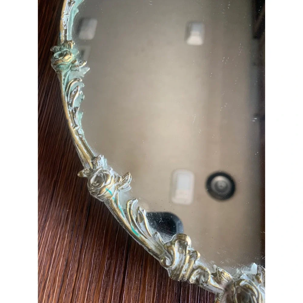 Vintage Globe 24kt Gold Plated Oval Vanity Mirror Tray Rose Filigree Ornate 14.5
